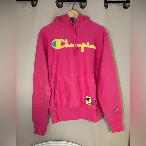 Champion Sweaters Reverse Weave Script Hoodie Neon Pink Size